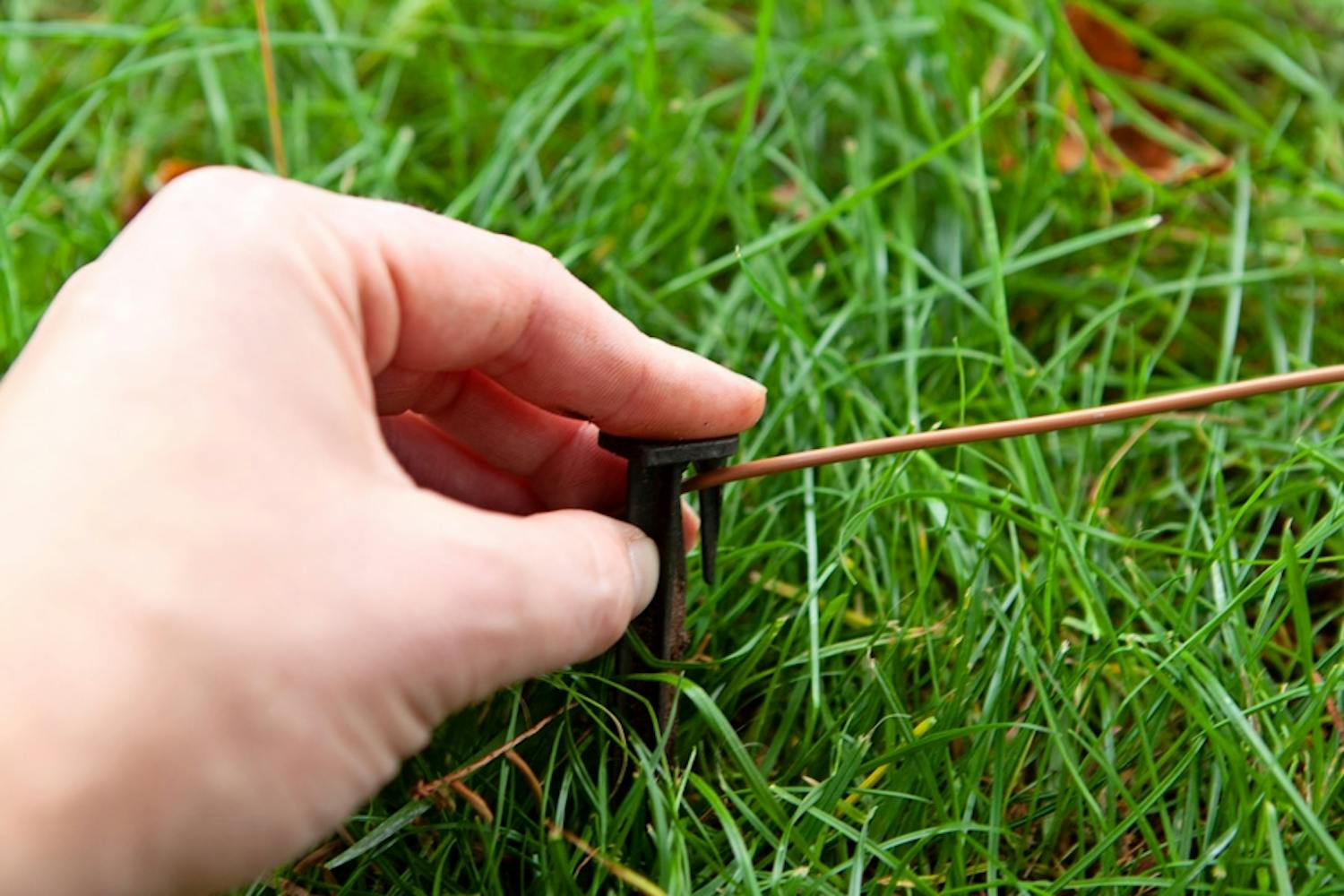 Du skal lægge en kanttråd ud på din plæne for at markere området, der skal klippes. Du skal lægge en kanttråd ud på din plæne for at markere området, der skal klippes.